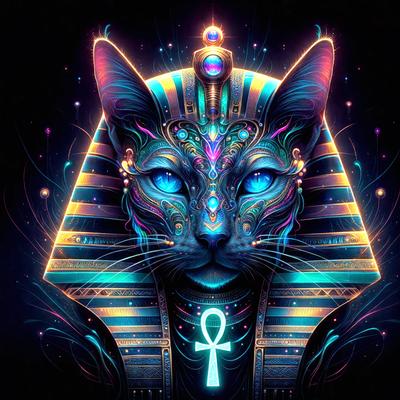 The primary subject of the image is a colorful cat with blue eyes, wearing a gold headdress and a blue and gold necklace. The cat is sitting on a blue and gold background, which adds to the vibrant and lively atmosphere of the scene. The visual style of the image is a combination of digital art and illustration, creating a unique and eye-catching design. The colors and mood of the image are energetic and lively, with the blue and gold colors adding a sense of elegance and